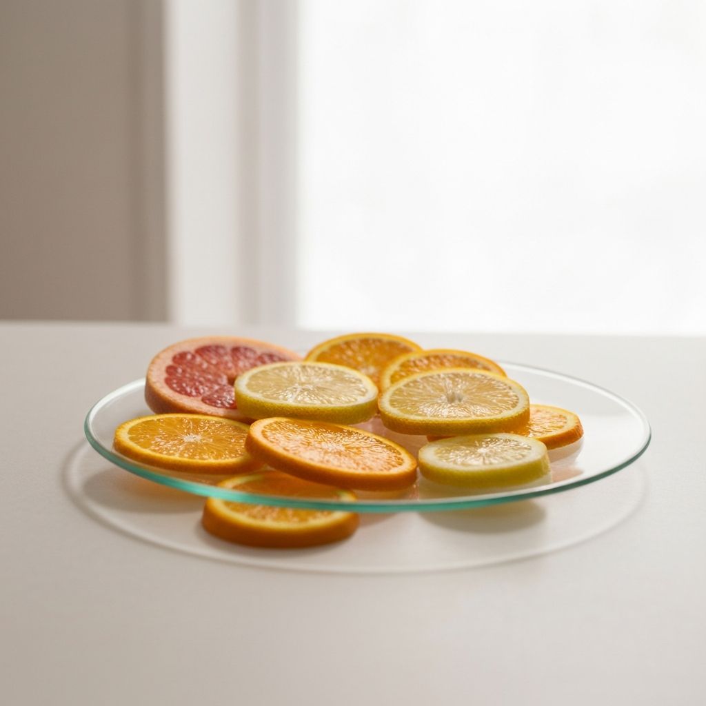 Свеже лимунске резанце распоређене на прозирној стакленој плочи у минималистичком стилу